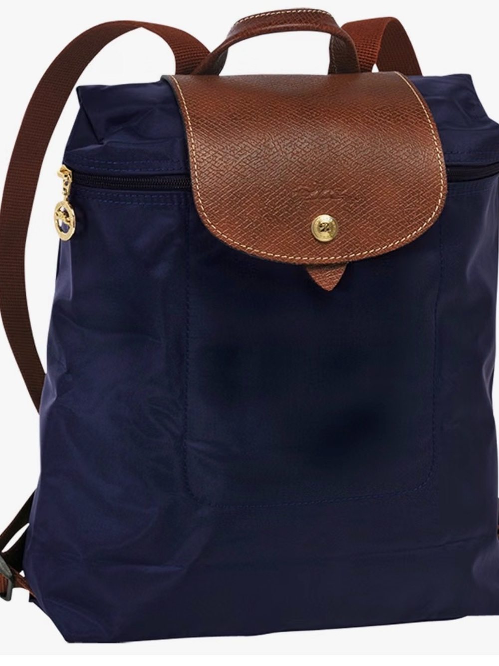 Longchamp Le Pliage Backpack Navy Blue Leather Trim